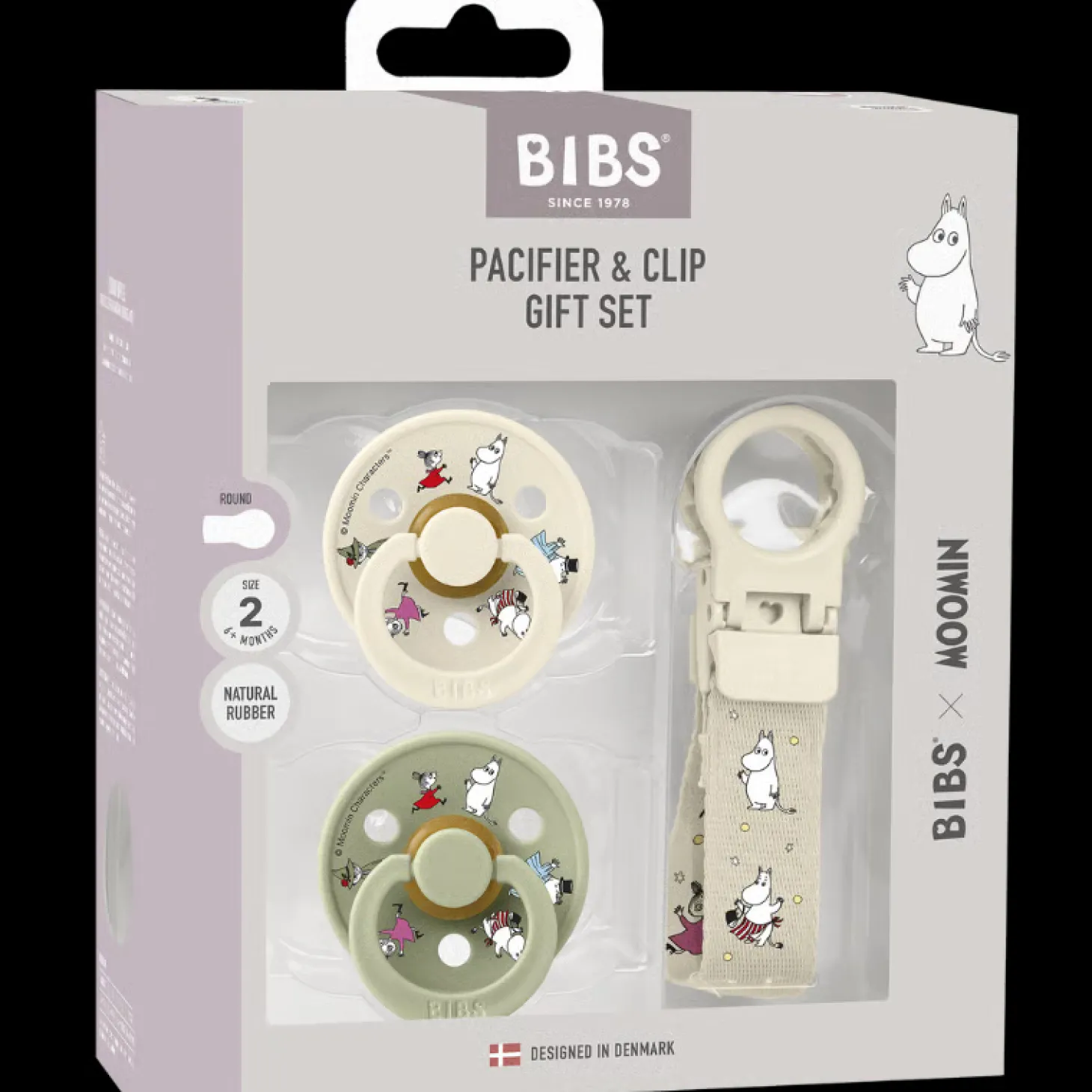 Bibs x Moomins Colour Pacifier & Loop Clip Gift Set Latex Size 2 Ivory/Sage